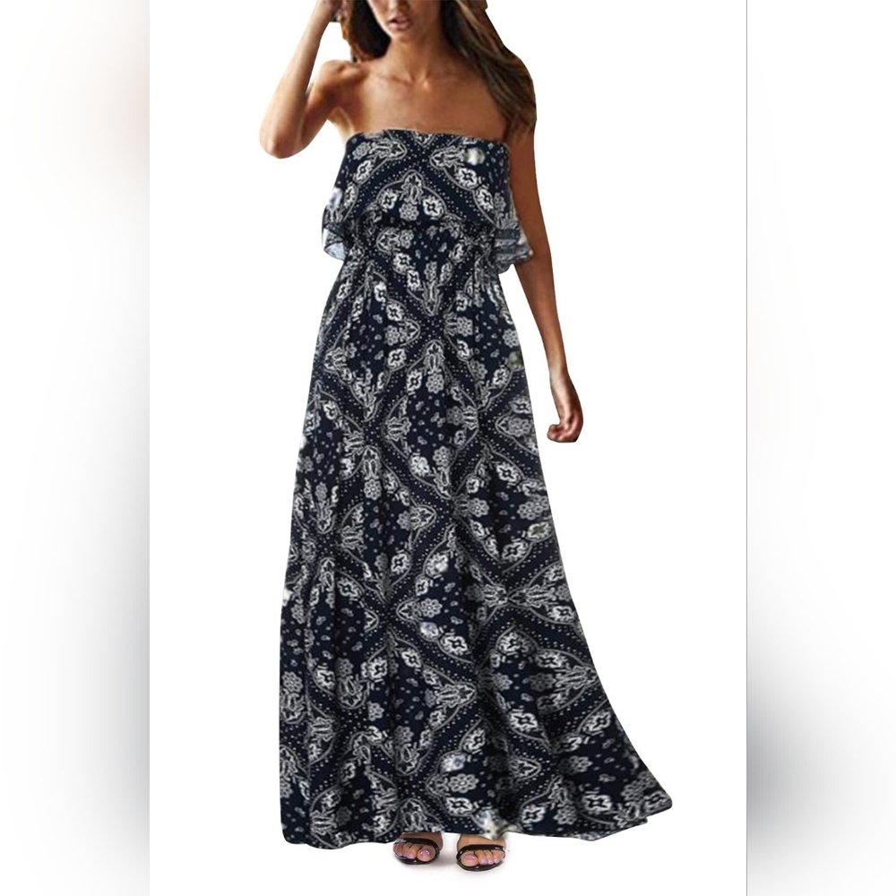 Yidarton Blue And White Patterned Strapless Maxi Dress Size M - Picture 1 of 8
